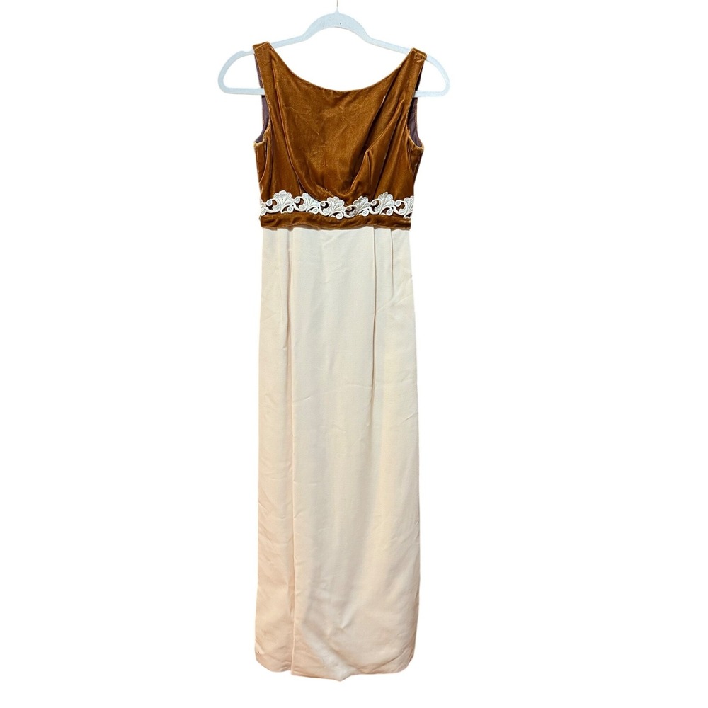 Vintage 60s Bronze Velvet‎ Lace Trim Empire Waist Maxi Dress Cream Column
